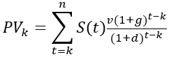 S(t) [ v * (1+g)^t ] / (1+d)^t